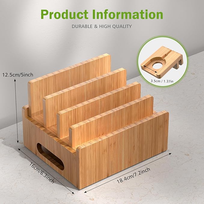Pezin & Hulin Bamboo Charging Stations, Cell Phone Organizer for Multiple Devices, Tablets, Smart Watch, Included 5 Port USB Charger, Pack 5 Cables