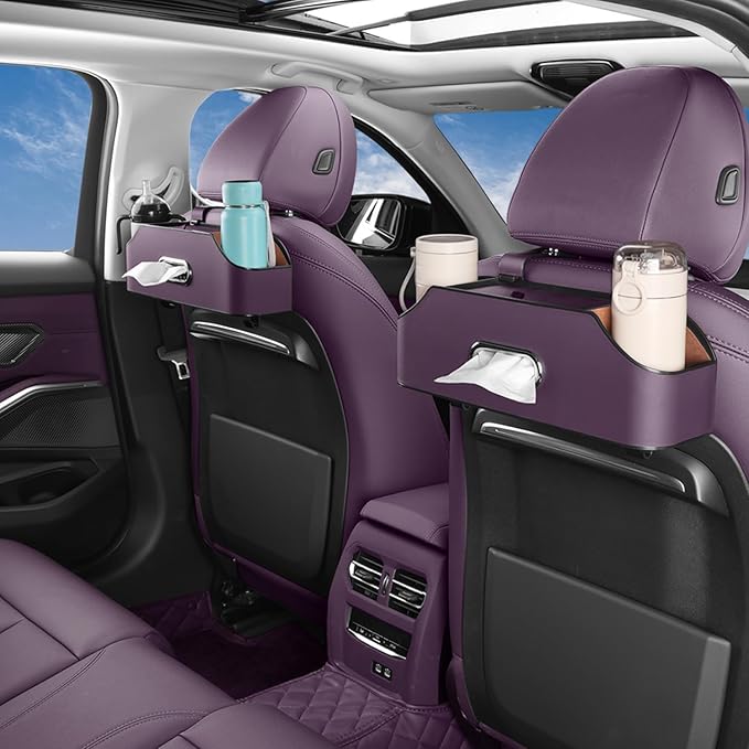 Car Seat Back Organizer - Stylish & Functional Storage for Family Adventures - Cup Holders, Tissue Box & Hooks - Perfect for Kids, Road Trips & Travel (Purple)