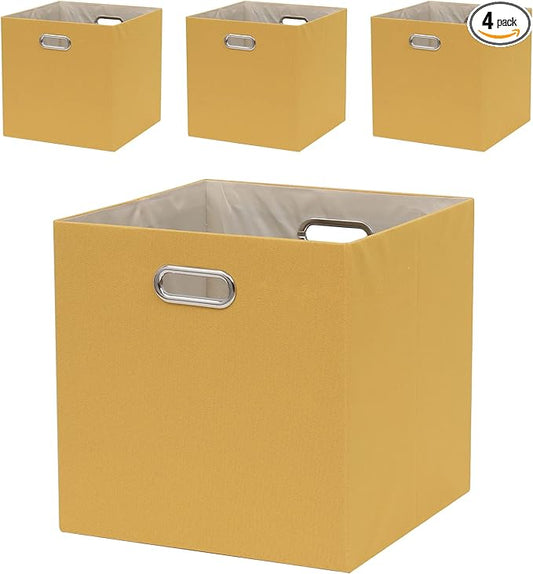 Cube Storage Bins 13×13x13 Inch, 4 Pack Collapsible Linen Fabric Storage Cubes with Handles, Thick Heavy Duty Storage Baskets for Shelves Kallax Bedroom Dormitory Toy Clothes, Yellow