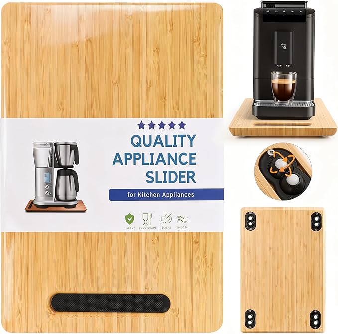 Fullin 360°Appliance Slider, Bamboo Sliding Tray for Coffee Maker, Appliance Sliding for Kitchen Appliances Countertop Slides Easily from Under The Cabinet Rolling Tray with 360°Rotation Rubber Wheels