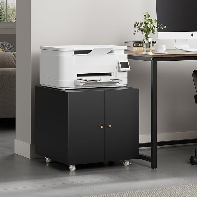 Warmiehomy Metal Printer Stand with Storage Mobile Printer Tables for Small Spaces with Door Adjustable Shelf File Cabinet on Wheels for Home Office (Black)