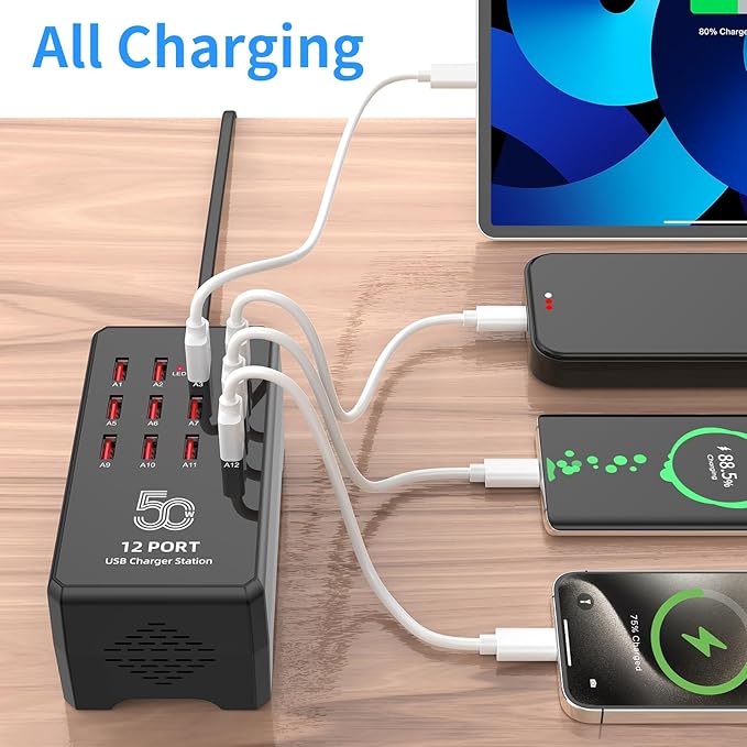 50W 12-Port USB Charging Station for Multiple Devices-Portable USB Charging Hub Compatible with iPhone, Android, Tablet, AirPods & More-Compact Charger Block for Home, Office & Travel.