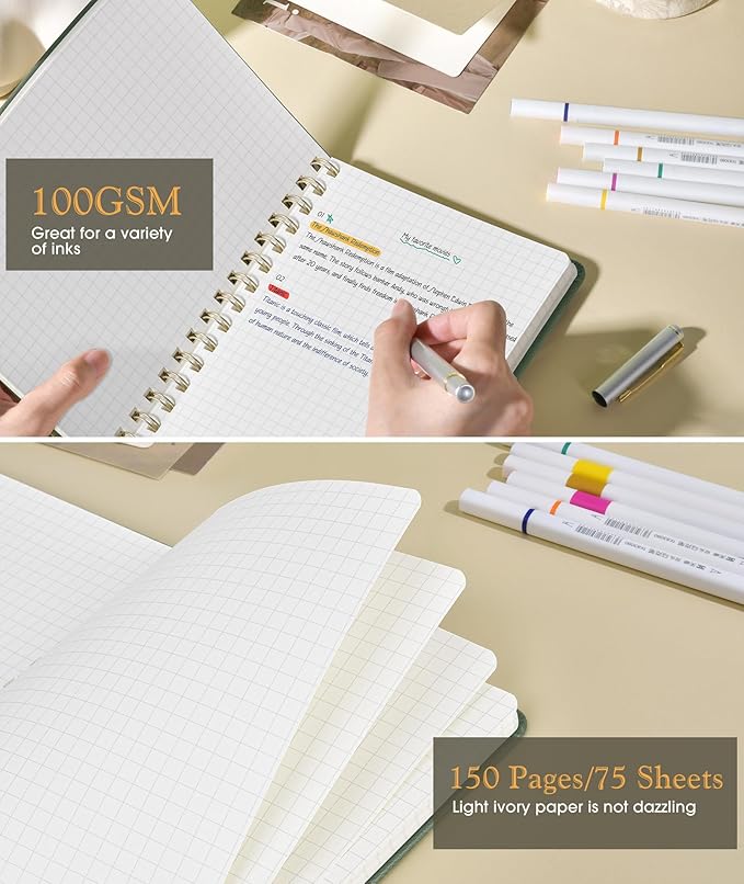 Graph Spiral Journal Notebook, A5 Hardcover Spiral Journals for Women Men, 100 GSM Graph Paper Notebooks, 150 Pages Spiral Bound Grid Notebook for Writing Note Taking Work 5.75" x 8.38", Sage Green