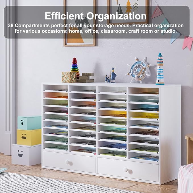 Mail Sorter Wood Literature Organizer, Student Mailbox for Classroom, Desktop Bill Paper Holder for Office Home School, 38 Compartments, White
