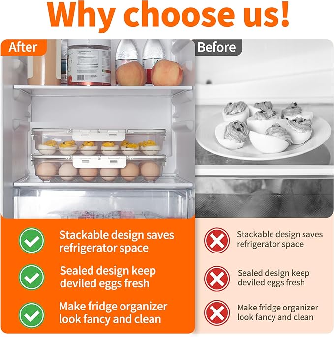 2 Pack Deviled Egg Containers with Lid and Handle, Durable Clear Plastic Deviled Egg Carrier Storage 48 Eggs, Stackable Egg Holder for Fridge, Portable Tray Platter for Party & Picnics-White