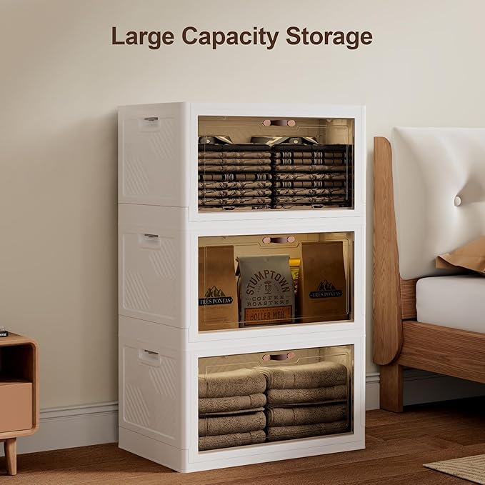 JOYMOOP Folding Storage Bins Organizer, 148.8 Quart Collapsible Storage Boxes with Wheels and Door, Stackble Plastic Storage Container for Clothing, Books and Sundries (XL, 12.4 Gal Per, 3 Tiers)