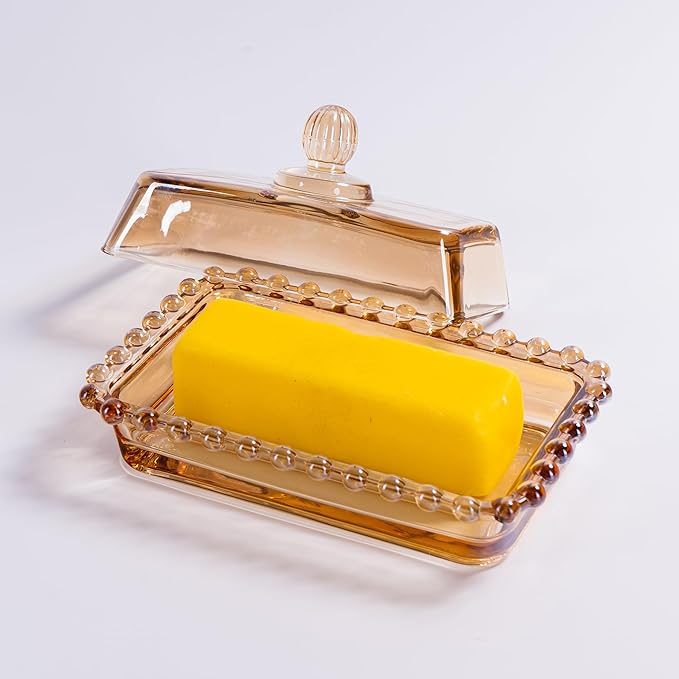 Glass Butter Dish with Lid for Countertop, Champagne Color Crystal Covered Butter Stick Holder Tray, Glass Butter Storage Container for Refrigerator