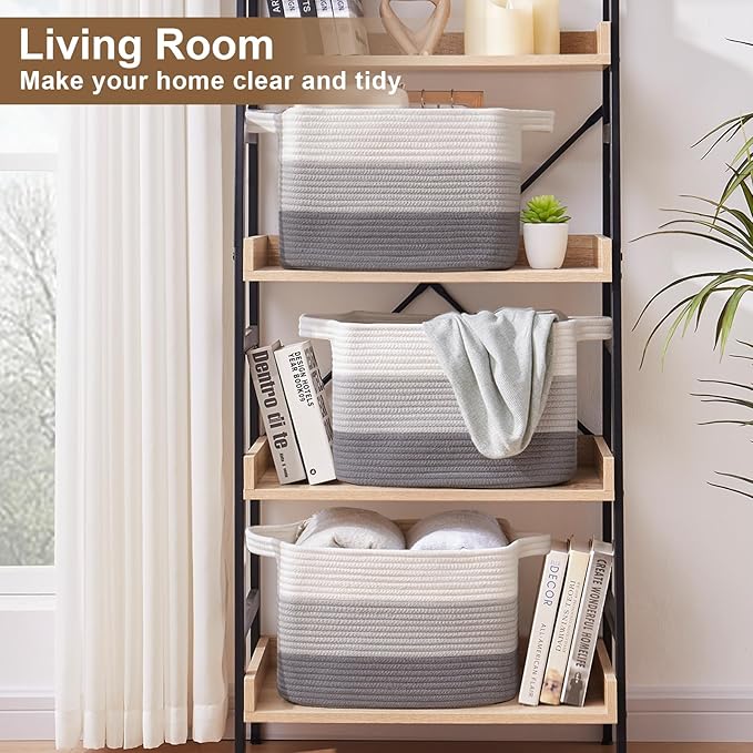 Storage Basket for Organizing, Woven Baskets for Storage, Rectangle Decorative Baskets for Shleves, Closet, Toys, Books, Nursery Organizer Bins - Pack of 3 (Gradient Gray, 15.75"x11.8"x9.85")