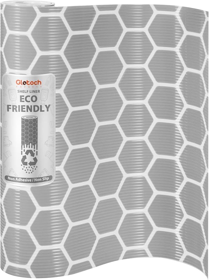 Glotoch Premium Non Slip Shelf Liner 12” X 20 Ft, Non Adhesive Drawer Liner, Waterproof Shelf Paper for Kitchen Cabinets, Drawer, Fridge, Wire Shelving, Pantry, Bathroom-Heavy Duty,Geometric Grey