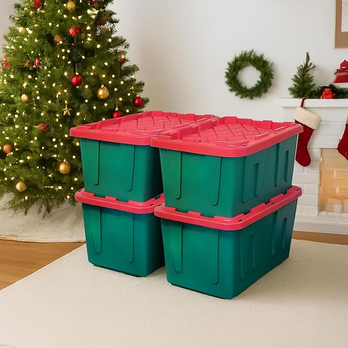 HOMZ 4-Pack Durabilt, Heavy Duty Plastic Storage Bins with Lids, 27 Gallon, Red/Green - Stackable Container Boxes for Holiday, Attic, and Garage Organization