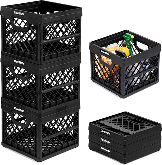 CleverMade Collapsible Milk Crate, Black, 3PK - 25L (6 Gal) Stackable Storage Bins, Holds 50lbs Per Bin - Clevercrates are Heavy Duty, Plastic Collapsible Storage Crate for Multi Purposes