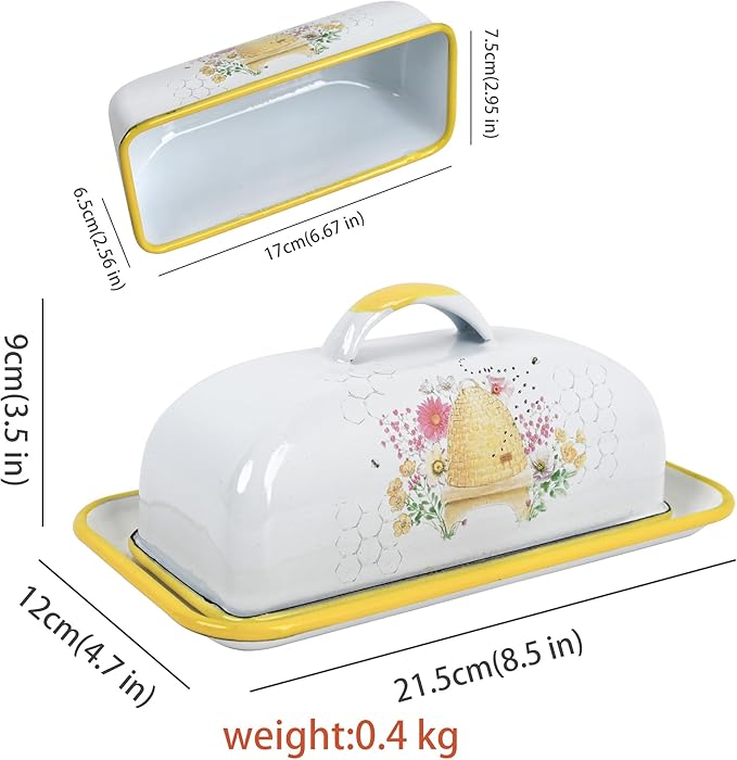Enamel Butter Dish with Lid Vintage Enamelware Butter Keeper with Flower and Bird Patterns Farmhouse Butter Container Butter holder for Countertop Kitchen Decor(Orange)