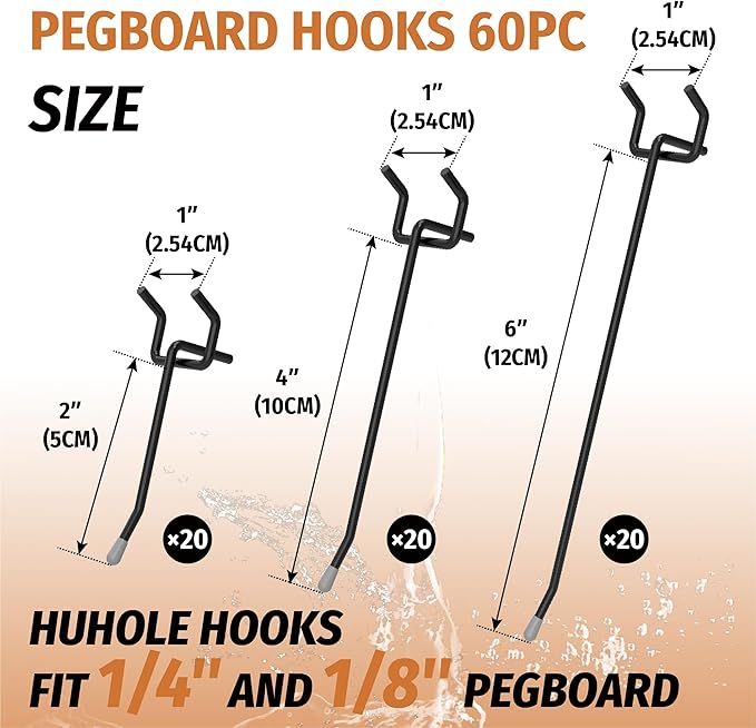 HUHOLE Pegboard Hooks 2 Inch, 4 Inch, 6 Inch, 60PC, Peg Board Hooks for Hanging, Fit 1/4" or 1/8" Pegboard, Ideal for Garage Tool Organization, Wall Storage (Black, 2+4+6 Inch)