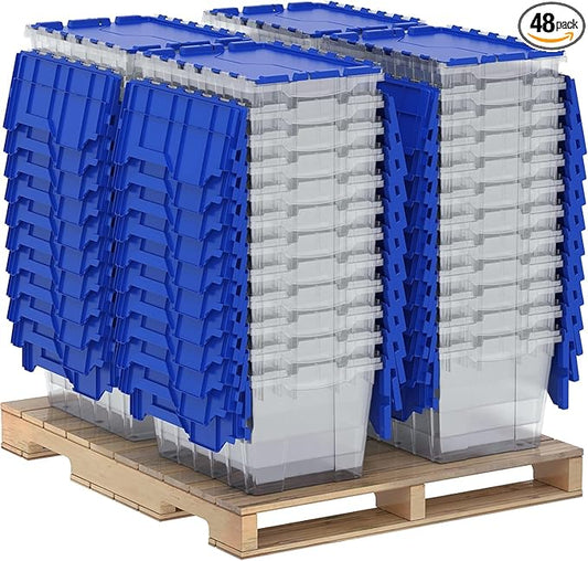 Akro-Mils KeepBox 12 Gallon Storage Container, Nesting and Stackable Plastic Storage Box with Lid Attached, Clear Tote for Garages, Closets, Moving, 21-1/2" x 15" x 12-1/2", Clear/Blue, Pallet of 48