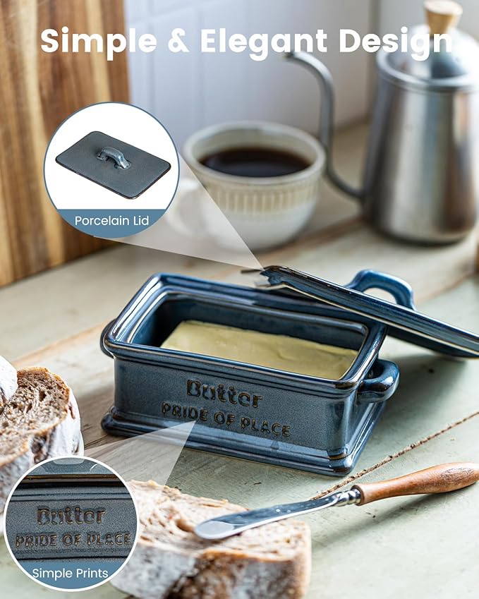 Butter Dish with Lid, Porcelain Butter Dish for Countertop Large Butter Keeper Butter Holder Container for East West Coast Butter, Farmhouse Decor for Thanksgiving Christmas, Blue