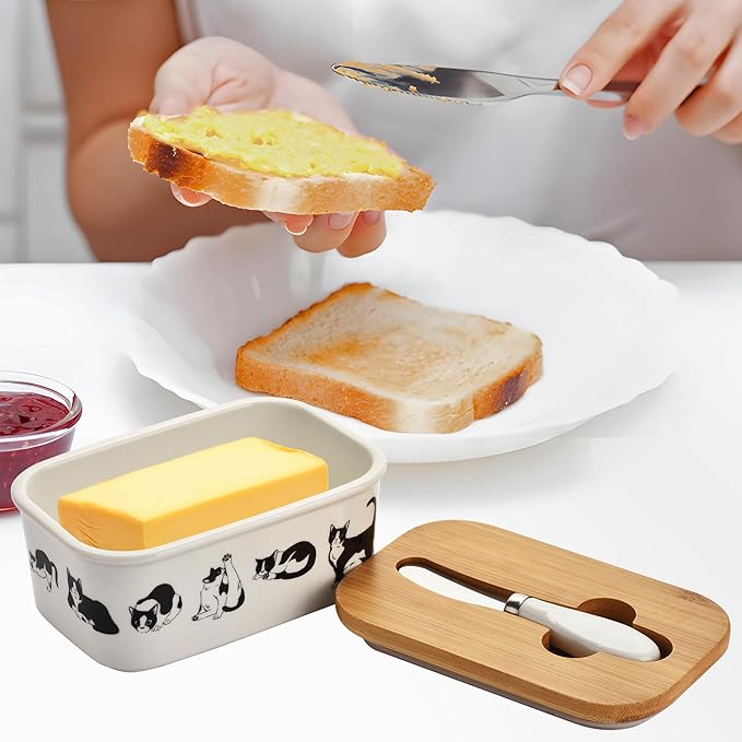 Cute Cat Large Butter Dish with Lid for Countertop,Cute kitten Ceramic Covered Butter Holder with Knife for Fridge, Airtight Butter Keeper Container Storage for East West Coast Butter,White