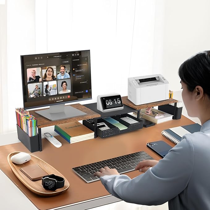 Desk Dual Monitor Stand Riser - Desk Organizer with Drawer and Pen Holders, Office Desk Accessories & Workspace Organization, Computer Monitor Stand for Laptop, Printer, TV, Office Decor, Wood