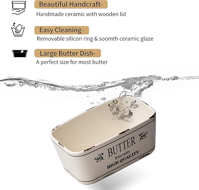 Hasense Farmhouse Butter Dish with Lid for Countertop, Vintage Butter Keeper Holder, Large Container for Fridge with Freshness Seal, Enhance Kitchen Decor, Holds Two Sticks of Butter, White