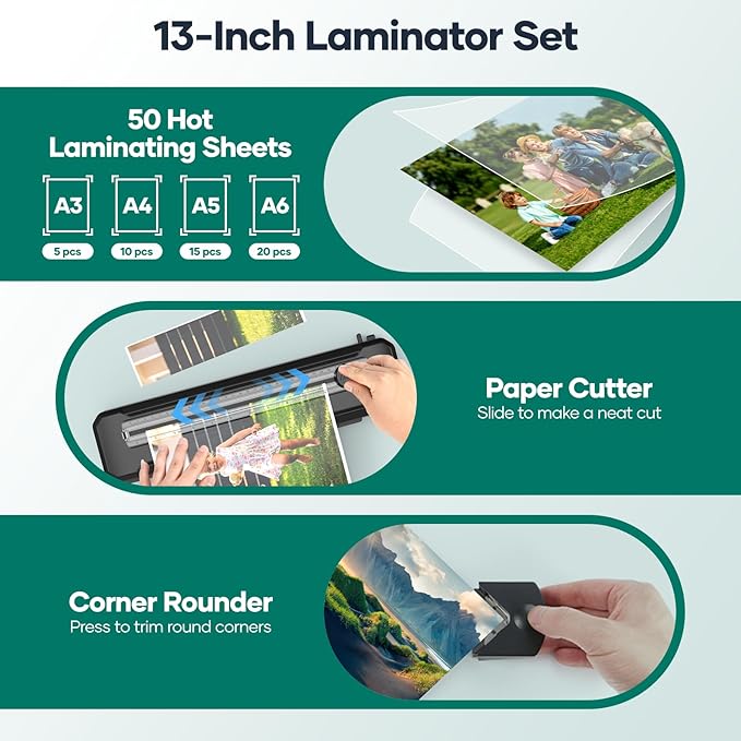 Laminator Machine A3 with 50 Laminating Sheets, Laminator Thermal and Cold with Paper Trimmer Corner Rounder, High-Speed Jam-Free, Low-Noise 13-Inch Laminating Machine(Black)