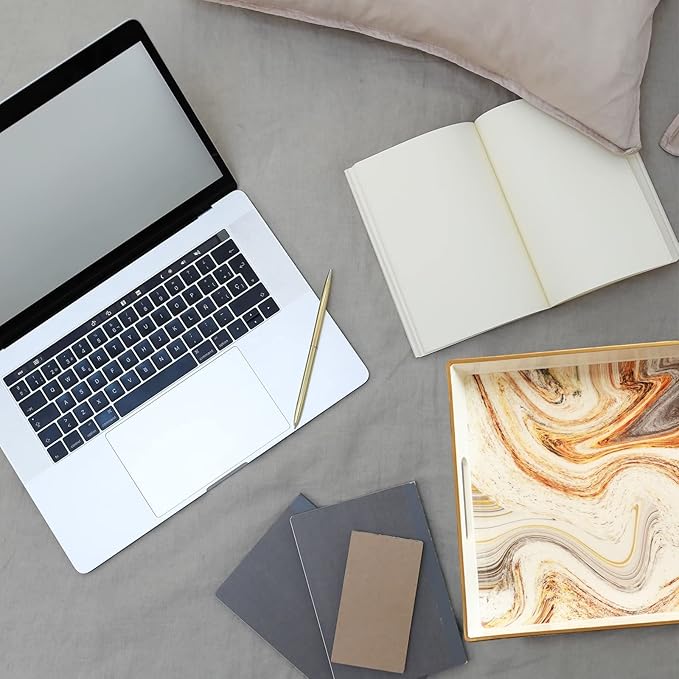 White Marbling Decorative Tray with Handles, Morden Plastic Rectangular Serving Tray for Coffee Table Bathroom, Ottoman, Home Decor, 15.7"* 10.2"* 1.38"