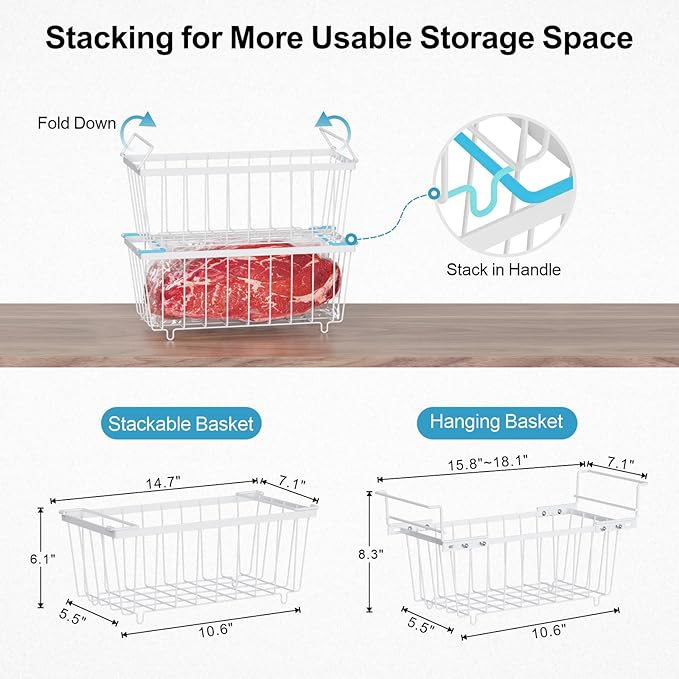 iSPECLE Deep Freezer Organizer Bins - 15.8~18.1 Inch Freezer Baskets for Chest Freezer, 7 Cu.Ft Chest Freezer Organizer Bins, 2 Small Expandable Hanging Baskets and 4 Stackable Bins, 6 Pack, White