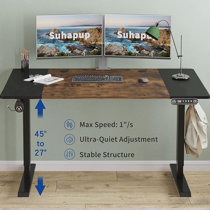 Electric Height Adjustable Standing Desk, 63 x 30inches Height Adjustable Computer Desk Sit Stand Desk Home Office Desks with Splice Board