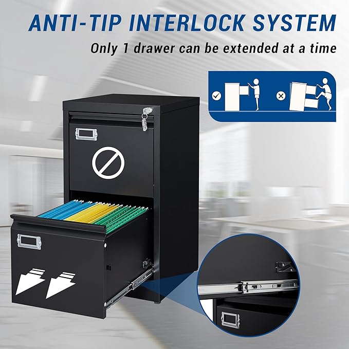 2 Drawers Vertical File Cabinets - 17.8" Deep Lockable Filing Cabinet - Black Metal Storage Cabinets for Home Office to Hanging Files Letter/Legal/F4/A4 Size