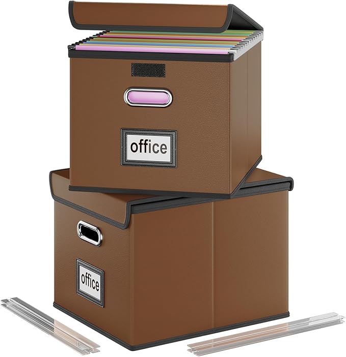 Huolewa File Organizer Boxes with Lids, Collapsible Faux Leather Hanging File Folder Box Organizer with Plastic Slide, Decorative Home/Office Filing System Boxes for File and Folders Storage