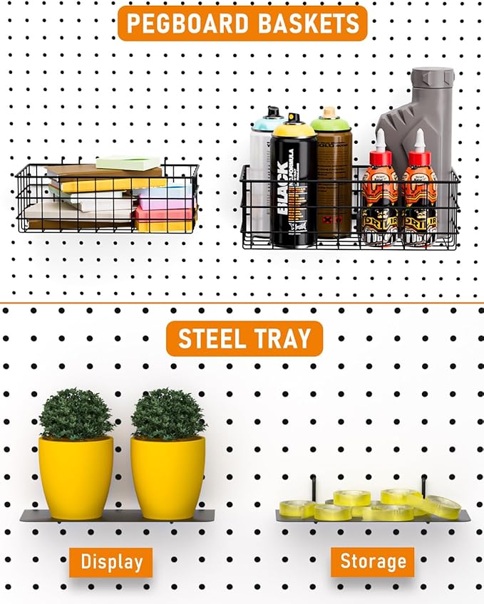 INCLY 30PCS Peg Board Organizer Accessories Kit, Pegboard Hooks Assortment with Bins, Cups, Wire Baskets and Paper Towel Holder for 1/8“ and 1/4” Pegboard Garage Workbench Craft Room Organizing Tools