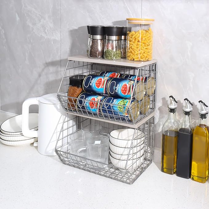 2pcs Silver Fruit Basket, Stackable Wall Mounted Pantry Organizers and Storage Basket with Wood Lid Top - Kitchen Hanging Wire Basket for Storage Bread, Cans, Snack, Fruit, Vegetable