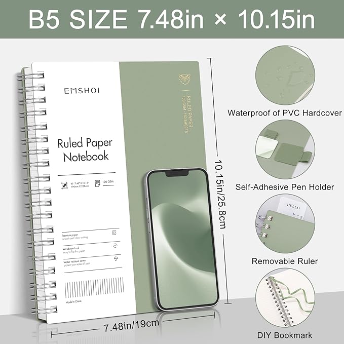 EMSHOI Lined Spiral Journal Notebook, B5 College Ruled Notebook, 300 Pages/150 Sheets, 100gsm Acid-Free Paper, Waterproof Softcover Notebook for School, Work, Note Taking, 7.48" × 10.15" - Light Green