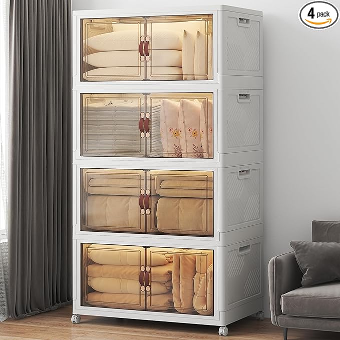 640Qt Stackable Storage Bins with Lids, 4 Pack Large Collapsible Bins with Wheels, Plastic Cabinet with Doors, Foldable Closet Organizers and Storage for Home, Dorm, Office, White