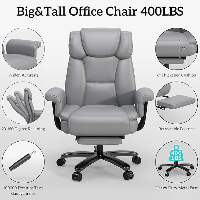 GYI Criss Cross Chair with Wheels, 160°Big and Tall Reclining Office Desk Chair with High Back, Wide Seat, Arms, Footrest, Grey