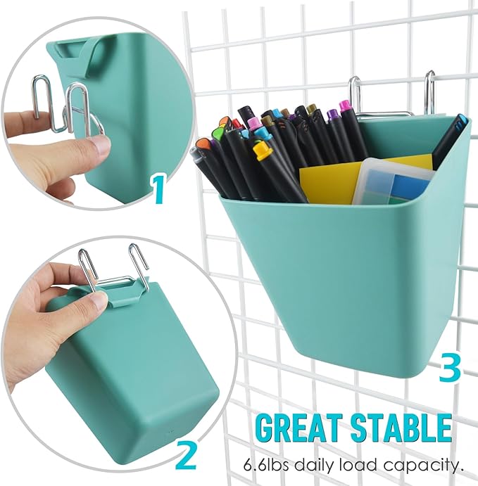 G.CORE Large Grid Wall Bins - 6Pack Green Gridwall Accessories Hanging Cups with Back Hooks - Plastic Grid Wall Panels Organizers Wire Shelves Holders for Garage Garden Craft Office Tools Storage