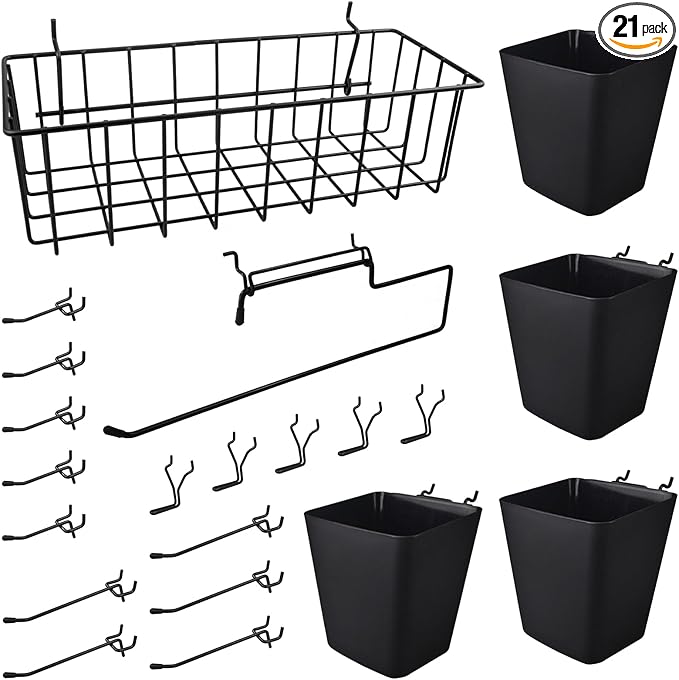 G.CORE Peg Board Organizer 21 Pack, Pegboard Accessories with Baskets Cups Hooks - 1/8" & 1/4" Peg Board Wall Tool Organizers, Utility Holders & Hangers for Garage Craft Workbench (Black & Black)
