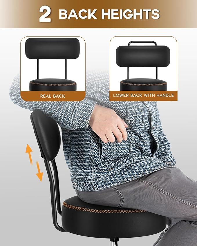 Shop Stool with Lockable Rubber Wheels Adjustable Backrest Tool Tray Storage 400 lb Capacity Rolling Garage Stool (Black)