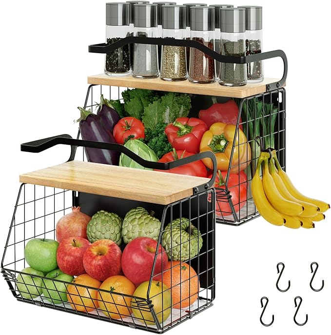 Magnetic Shelf for Fridge with Wood Lid, Fruit Potato and Onion Storage Bins, Magnetic Spice Rack for Refrigerator Large Container Wire Basket for Refrigerator, Kitchen Counter, Cabinet