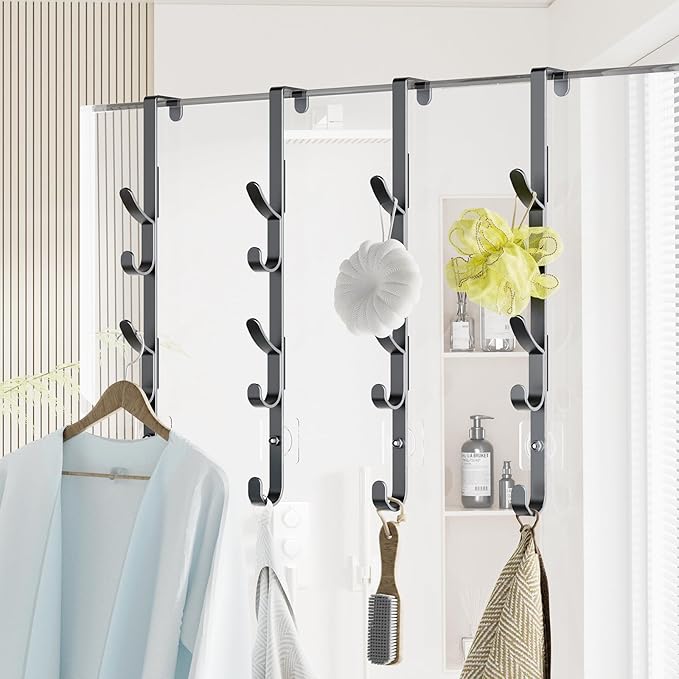 Over The Door Hooks, Metal Door Hooks for Hanging, Over The Door Purse Organizer for Coat Hanger, Back of Shower Door for Hanging Towel Rack Clothes, Hat, Bathroom, Closet (Black-4Packs)