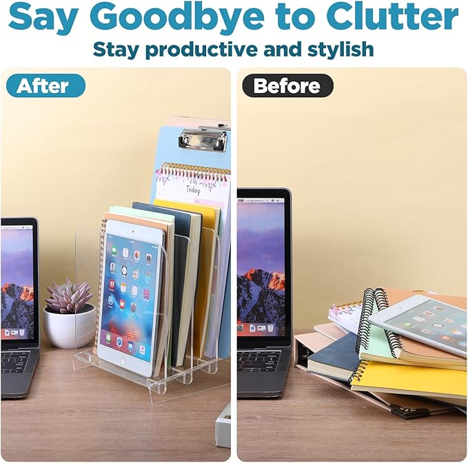 File Organizer for Desks Acrylic Vertical File Holder for Desk 5 Sections Desk Top Clear Workspace Sorters Folder Organizer Rack Stand for Letter Document Notebook Binder Office School Home
