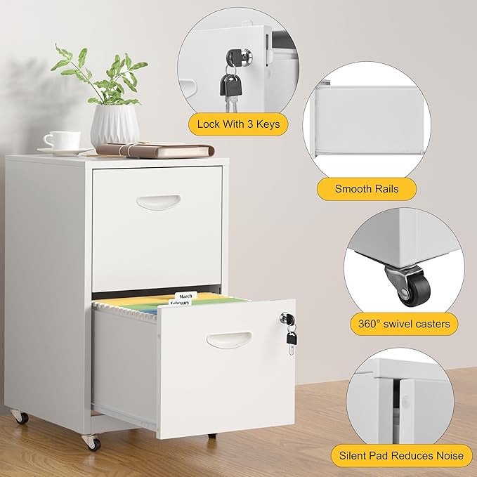2 Drawer File Cabinet with Lock，White Rolling File Cabinet for Home Office, Metal Small Mobile Filing Cabinets on Wheels for Hanging Letter