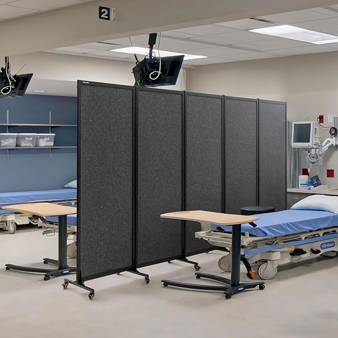 Upgrade Version Room Partition and Divider, Freestanding Rolling Dividers with Wheels,Office Privacy Screen Divider Wall,Classroom Felt Dividers,10'6"L* 6'7"H,5 Panel，Dark Grey