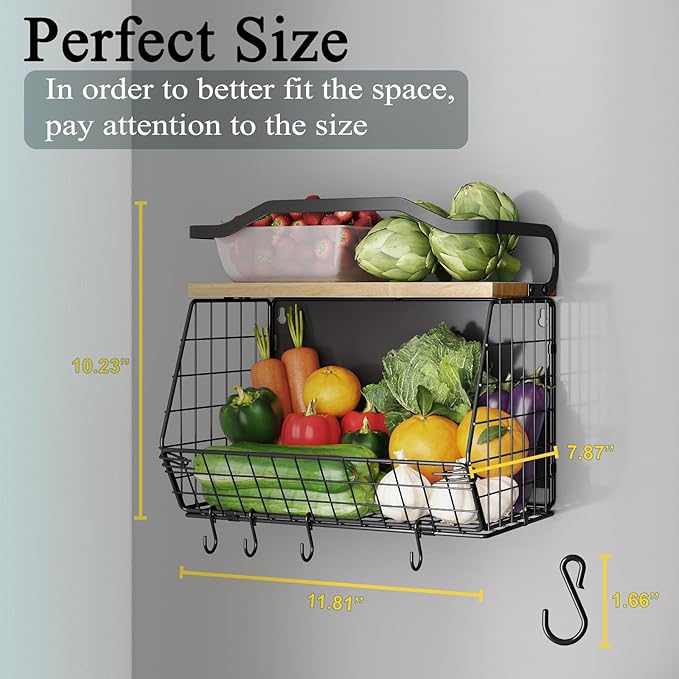 Magnetic Shelf for Fridge with Wood Lid, Heavy Duty Fruit Basket, Fruit Potato and Onion Storage Bins, Magnetic Spice Rack for Refrigerator, Black Hanging Wire Basket for Kitchen Counter