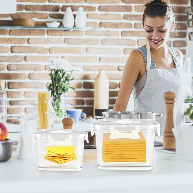 Cheese Container for Refrigerator,2 Pack Cheese Keeper with Airtight Lid and Time Recording,Cream Block Shredded Cheeses Storage Box,Sliced,Grated,Cheddar Cheeses Box Keeper for Fridge,kitchen