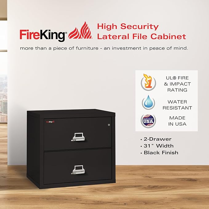 FireKing Fireproof Lateral File Cabinet (2 Drawers, Impact Resistant, Water Resistant), 27.75" H x 31.19" W x 22.13" D, Black
