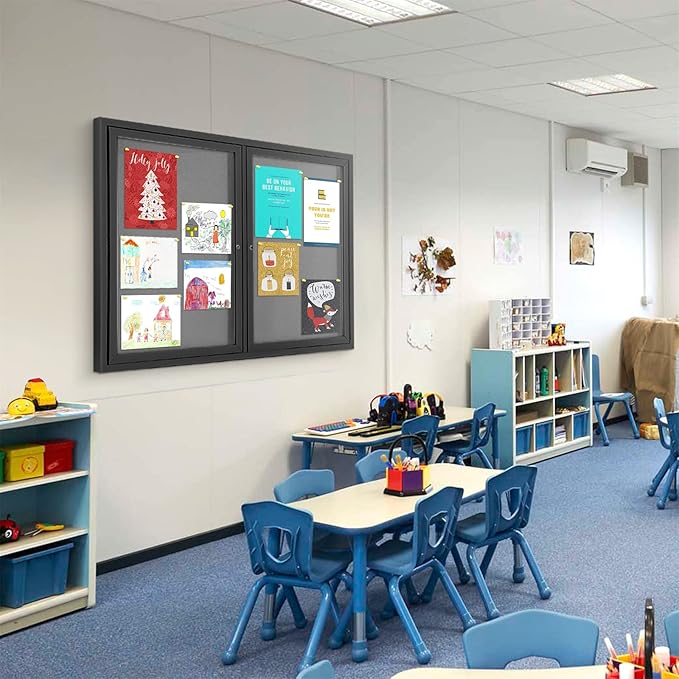 Enclosed Bulletin Board Outdoor Noticeboard with Locking Door, Weather-Resistant, Grey Felt, Black Aluminum Frame, 48 x 34 in