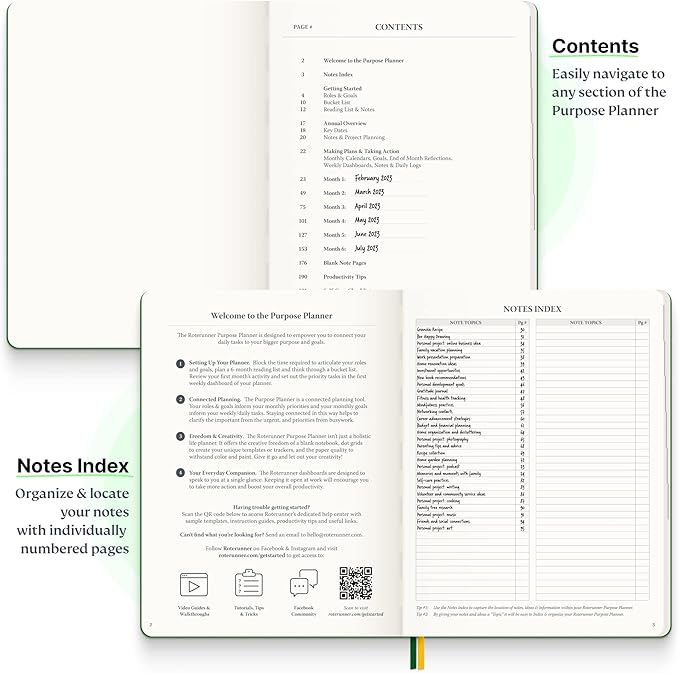 Roterunner Purpose Planner Notebook B5 7.5”x9.8” Undated 2025 Daily Weekly and Monthly Productivity Goal Setting Tool for Work Home ADHD for Adults Self Care Journal
