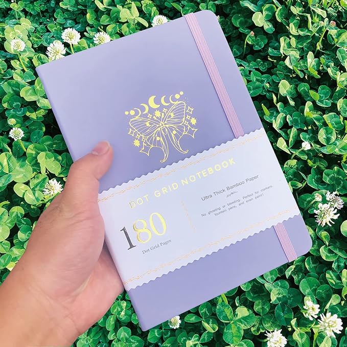 Dotted Notebook Journal 180GSM Bamboo Thick White Paper 160 Pages 5 * 5MM Dot Grid, Lay Flat Binding,Colored Silver Edges, Bookmarks and Expandable Back Pocket (BKP-5)