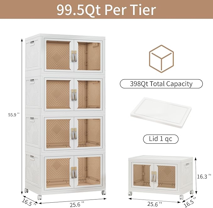 Large Clear Stackable Storage Bins with Lids, Foldable Storage Cabinet for Closet Organizers and Storage, Plastic Storage Box with Wheels 597 QT