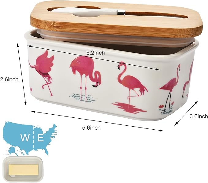 Cute Flamingos Large Butter Dish with Lid for Countertop,Ceramic Covered Butter Holder with Knife for Fridge, Airtight Butter Keeper Container Storage for East West Coast Butter,White
