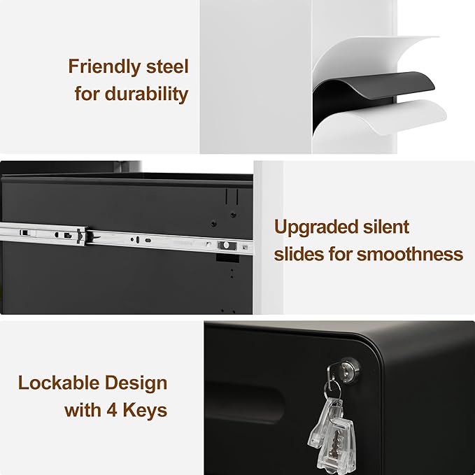2 Drawer File Cabinet with Lock and 4 Keys, Mobile Metal Filing Cabinet, File Cabinets for Home Office, Under Desk, Pre-Assembly, File Drawer, Letter/Legal/A4 Hanging File Folders
